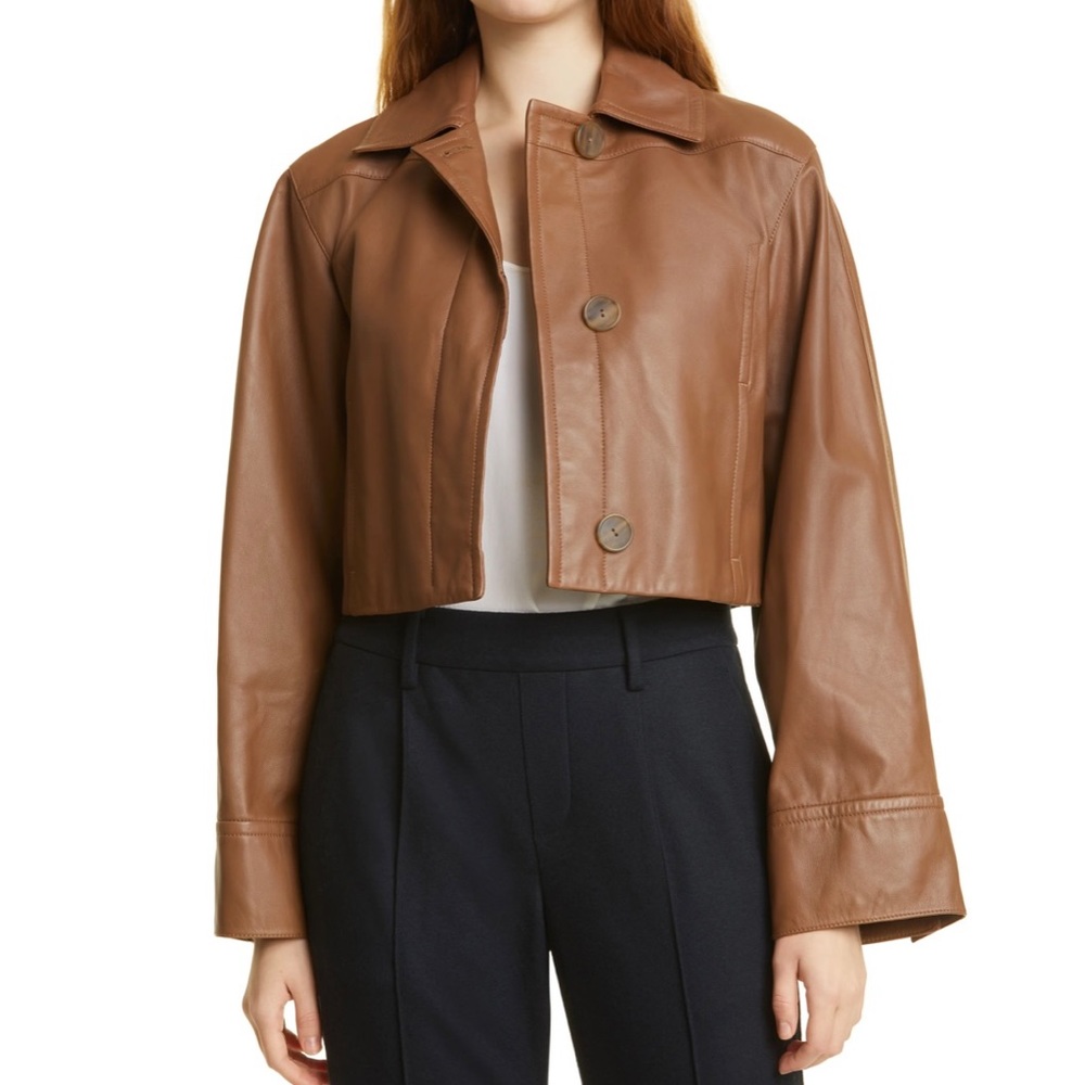 VINCE Women’s Leather Cropped Jacket, Color Brown, Size XXS